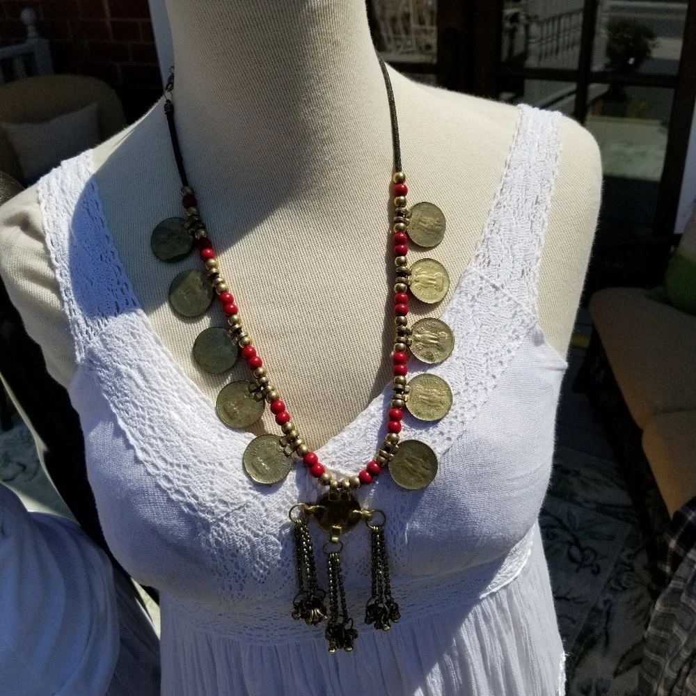Goldtone Coin Necklace w/ Red Beads & Tassels - Picture 3 of 7